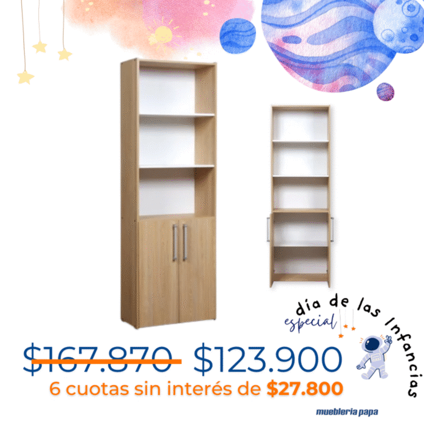 BIBLIOTECA ALTA 5 ESTANTES 2 PTAS MESINA COLOR HICKORY / BLANCO
